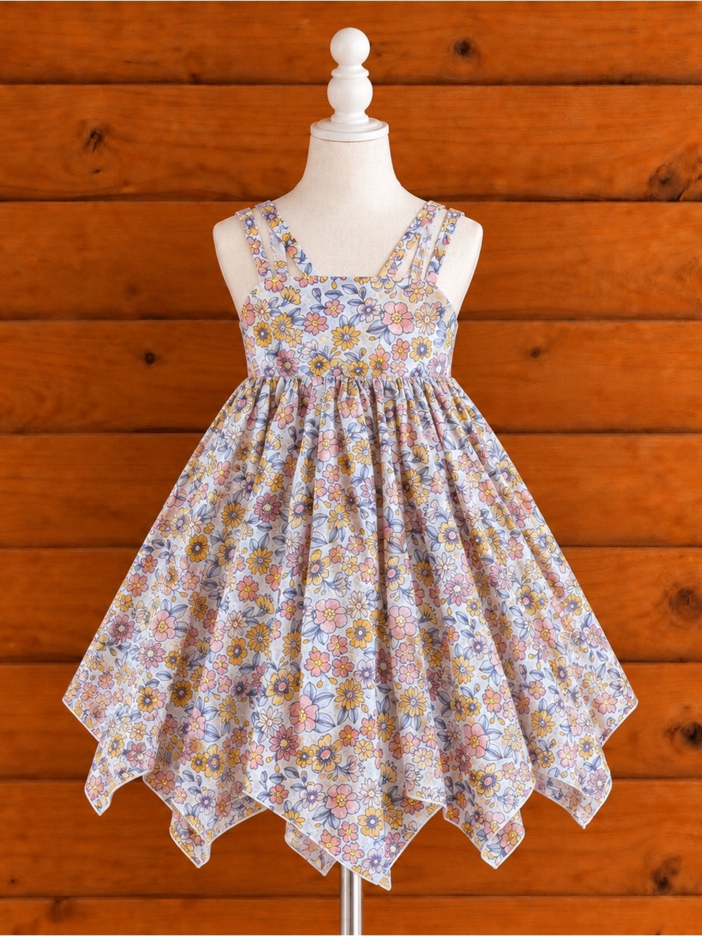 Tommy Bahama Girls boutique Floral Handkerchief Hem Dress, Pink, Yellow, Blue 3T